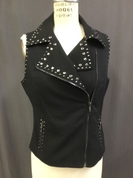 MINKAS, Black, Pewter Gray, Polyester, Solid, Asymmetrical Front Zip, Studded Collar, Armholes and Pockets