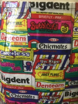 TRIPP, Multi-color, Poly Vinyl Cloride, Novelty Pattern, Logo , Colorful Gum Package/Wrapper Pattern with Made Up Parody Brands of Chewing Gum ("Care*less", "Bigdent", "Juicy Fluke") Mini Length, Center Back Zipper