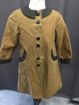 Childrens, Coat 1890s-1910s, MTO, Mustard Yellow, Brown, Cotton, Solid, Herringbone, W:29, C:27, Oil Cotton, Button Front, Peter Pan Collar, Brown Herringbone Collar/cuffs, Back Strap with 2 Buttons