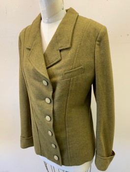 Womens, Jacket 1890s-1910s, N/L MTO, Pea Green, Wool, Solid, B:36, Single Breasted, 6 Button Front, Notched Lapel, 1 Small Welt Pocket at Chest, Folded Cuffs, Lining is Red and Green Paisley, Made To Order