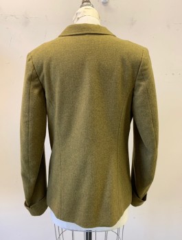 N/L MTO, Pea Green, Wool, Solid, Single Breasted, 6 Button Front, Notched Lapel, 1 Small Welt Pocket at Chest, Folded Cuffs, Lining is Red and Green Paisley, Made To Order