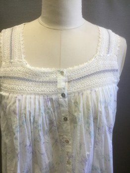 EILEEN WEST, White, Lavender Purple, Lt Gray, Periwinkle Blue, Cotton, Floral, White with Pastel Floral White Lace at Shoulders/Neckline, Sleeveless with 2" Straps, Square Neck, 6 Button Placket at Center Front, Floor Length