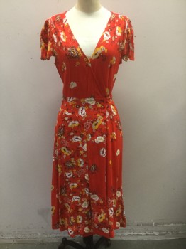 FREE PEOPLE, Red, Sunflower Yellow, Lt Gray, Brown, Black, Rayon, Floral, Asian Inspired Theme, Red with Gray/Sunny Yellow/Brown/Black Asian Inspired Floral Pattern, Crepe, Cap Sleeves, Wrap Dress, Wrapped Plunging V-neck, Self Ties at Waist, Hem Mid-calf,  **Barcode Below Waist Seam