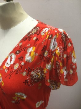 FREE PEOPLE, Red, Sunflower Yellow, Lt Gray, Brown, Black, Rayon, Floral, Asian Inspired Theme, Red with Gray/Sunny Yellow/Brown/Black Asian Inspired Floral Pattern, Crepe, Cap Sleeves, Wrap Dress, Wrapped Plunging V-neck, Self Ties at Waist, Hem Mid-calf,  **Barcode Below Waist Seam