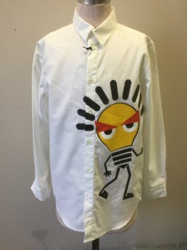FENDI, White, Black, Yellow, Red, Cotton, Graphic, Solid, Boys, White Long Sleeve Button Front, Collar Attached, with Large Yellow Lightbulb Cartoon Graphic with Red Triangle Eyebrows, Black Stick Figure Arms and Legs, High End/Designer Item