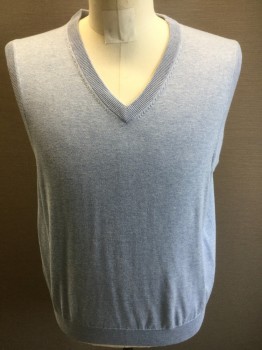 BROOKS BROTHERS, Dusty Blue, Cotton, Heathered, Knit, V-neck, Pullover,