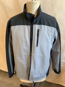 XERSION, Faded Black, Gray, Polyester, Spandex, Color Blocking, Collar Attached, Zip Front, 3 Pockets with Zipper, Long Sleeves (1 Pocket with Zipper on Left Arm) with Velcro Closure,