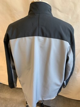 XERSION, Faded Black, Gray, Polyester, Spandex, Color Blocking, Collar Attached, Zip Front, 3 Pockets with Zipper, Long Sleeves (1 Pocket with Zipper on Left Arm) with Velcro Closure,