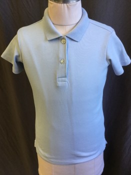 Childrens, Polo, LAND'S END, Baby Blue, Cotton, Solid, 6/7, Boy, Ribbed Knit Collar Attached, 2 Button Front, Short Sleeves,