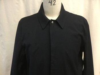 N/L, Midnight Blue, Polyester, Cotton, Solid, Single Breasted with Concealed Button closure, Spread Collar, 2 Flap Pockets, Long Sleeves, Back Vent,  Belted Cuffs, Above the Knee Length