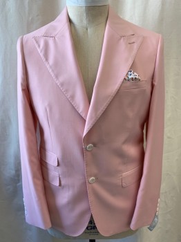 ROSSI MAN, Baby Pink, Polyester, Rayon, Solid, Peak Lapel, Single Breasted, Button Front, 2 Buttons, 4 Pockets, Handkerchief Attached to Breast Pocket