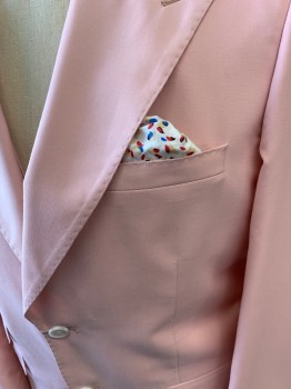 ROSSI MAN, Baby Pink, Polyester, Rayon, Solid, Peak Lapel, Single Breasted, Button Front, 2 Buttons, 4 Pockets, Handkerchief Attached to Breast Pocket