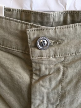 AG, Khaki Brown, Cotton, Elastane, Solid, 1.5" Waistband with Belt Hoops and 1 Silver Button, Flat Front, Zip Front, 4 Pockets