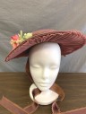 Womens, Historical Fiction Hat, 20TH CENTURY FOX, Mauve Pink, Brown, Cotton, Silk, Mauve Fabric Over Buckram Base, Brown Silk Ribbon Band with Dotted Edge, Pink and Green Silk Flowers, Flat Crown, Brown Ribbon Chin Straps, Made To Order Reproduction, **Ribbon is Fragile