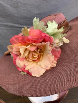 Womens, Historical Fiction Hat, 20TH CENTURY FOX, Mauve Pink, Brown, Cotton, Silk, Mauve Fabric Over Buckram Base, Brown Silk Ribbon Band with Dotted Edge, Pink and Green Silk Flowers, Flat Crown, Brown Ribbon Chin Straps, Made To Order Reproduction, **Ribbon is Fragile