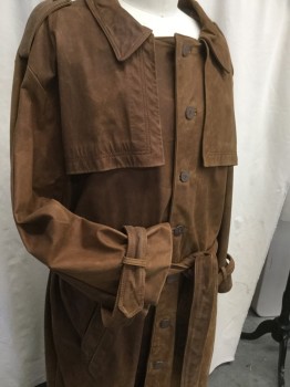 Mens, Coat, N/L, Caramel Brown, Leather, Solid, 60, Nubuck Leather Duster, Collar Attached, Long Sleeves, Cuff Belts on Both Sleeves with No Buckles, Single Breasted, 7 Coconut Buttons, Shoulder Cape Detail, Epaulets, 2 Slash Pockets, Matching Belt with No Buckle, C/B Kick Pleat, Calf Length