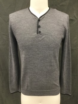THE KOOPLES, Heather Gray, Wool, 3 Button Front, Black Leather Trim, Slight V-neck, Long Sleeves, Black Leather Sleeve Hem Trim with Placket, Ribbed Knit Waistband