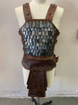 Mens, Historical Fict. Breastplate , MTO, Brown, Silver, Gold, Fiberglass, Leather, Fish Scales, Mottled, 42, Molded Plastic Iridescent Scales, 3 Adjustable Belted Leather Straps on Both Sides, Attached Leather Loin Cloth, Studded Shoulder Straps, Solid Leather Backside