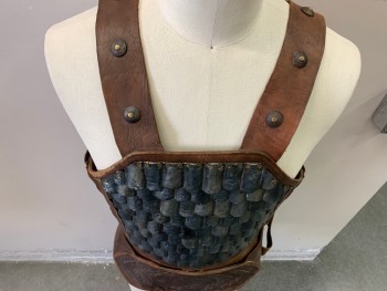 Mens, Historical Fict. Breastplate , MTO, Brown, Silver, Gold, Fiberglass, Leather, Fish Scales, Mottled, 42, Molded Plastic Iridescent Scales, 3 Adjustable Belted Leather Straps on Both Sides, Attached Leather Loin Cloth, Studded Shoulder Straps, Solid Leather Backside