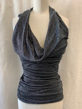Womens, Blouse, EXPRESS, Silver, Black, Rayon, Nylon, 2 Color Weave, XS, Cowl Neckline, Ruched Side, Sleeveless