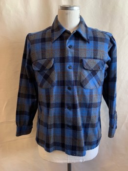 PENDLETON, Blue, Navy Blue, Brown, Gray, Wool, Plaid, Collar Attached, Button Front, Long Sleeves, 2 Buttons,