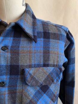 Mens, Casual Shirt, PENDLETON, Blue, Navy Blue, Brown, Gray, Wool, Plaid, L, Collar Attached, Button Front, Long Sleeves, 2 Buttons,
