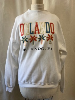 ORLANDO, White, Red, Blue, Poly/Cotton, "Orlando" & Palm Trees Printed on Front, Mock Neck, Long Sleeves, Rib Knit Neck, Cuff, & Waist