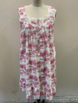 Womens, Nightgown, EILEEN WEST, White, Cranberry Red, Cotton, Novelty Pattern, S, Landscape of Peaceful Wetlands Toile Pattern, Sleeveless, Square Neck, White Lace Trim at Shoulders/Bust, 11 Button Placket, Knee Length, Ruffle at Hem