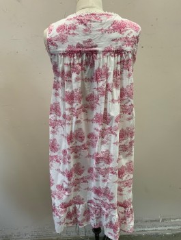 Womens, Nightgown, EILEEN WEST, White, Cranberry Red, Cotton, Novelty Pattern, S, Landscape of Peaceful Wetlands Toile Pattern, Sleeveless, Square Neck, White Lace Trim at Shoulders/Bust, 11 Button Placket, Knee Length, Ruffle at Hem