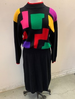LE CHOIS, Black, Multi-color, Acrylic, Geometric, Knit Sweater Dress, Black with Funky Geometric Shapes in Pink, Green, Purple, Red, Etc on Chest, Long Sleeves, Rib Knit Mock Neck, Elastic Waist, Knee Length, Padded Shoulders,