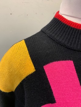 Womens, Dress, LE CHOIS, Black, Multi-color, Acrylic, Geometric, M, Knit Sweater Dress, Black with Funky Geometric Shapes in Pink, Green, Purple, Red, Etc on Chest, Long Sleeves, Rib Knit Mock Neck, Elastic Waist, Knee Length, Padded Shoulders,