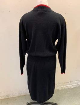 LE CHOIS, Black, Multi-color, Acrylic, Geometric, Knit Sweater Dress, Black with Funky Geometric Shapes in Pink, Green, Purple, Red, Etc on Chest, Long Sleeves, Rib Knit Mock Neck, Elastic Waist, Knee Length, Padded Shoulders,