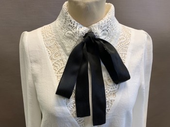 MAJE, White, Polyester, Solid, Button Front, Long Sleeves, Lace Insert, Collar & Cuffs, Black Silky Tie,