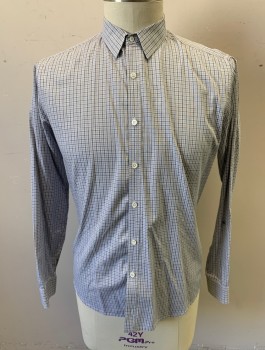 Mens, Casual Shirt, THEORY, Gray, Navy Blue, White, Cotton, Check , L, Long Sleeves, Button Front, Collar Attached, No Pocket, Slim Fit