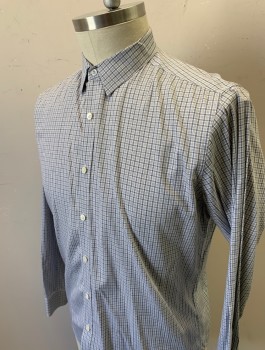 Mens, Casual Shirt, THEORY, Gray, Navy Blue, White, Cotton, Check , L, Long Sleeves, Button Front, Collar Attached, No Pocket, Slim Fit