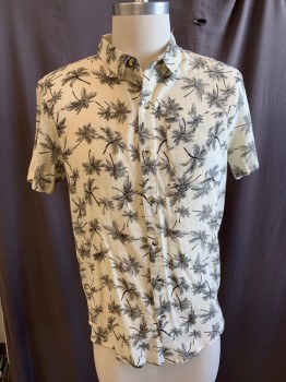 Mens, Hawaiian Shirt, ROLLAS , Ivory White, Black, Cotton, Tropical , XS, Short Sleeves, Button Front, Tortoise Shell Buttons, Chest Pocket