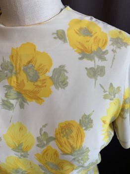 Womens, Blouse, NL, Off White, Goldenrod Yellow, Lt Olive Grn, Synthetic, Floral, B38, Short Sleeves, Button Back, Slits at Princess Seams **Light Shoulder Damage