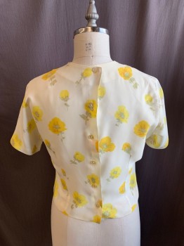 Womens, Blouse, NL, Off White, Goldenrod Yellow, Lt Olive Grn, Synthetic, Floral, B38, Short Sleeves, Button Back, Slits at Princess Seams **Light Shoulder Damage