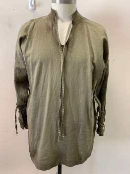 Mens, Tops, MTO, Olive Green, Cotton, C: 42, Mandarin Collar, Thin Necktie Attached, V-N, Pullover, L/S with Lacings at Wrists