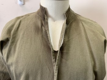 MTO, Olive Green, Cotton, Mandarin Collar, Thin Necktie Attached, V-N, Pullover, L/S with Lacings at Wrists