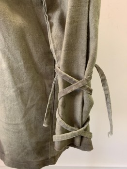 Mens, Tops, MTO, Olive Green, Cotton, C: 42, Mandarin Collar, Thin Necktie Attached, V-N, Pullover, L/S with Lacings at Wrists