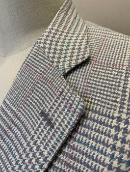 Mens, Jacket, JOSEPH ORLANDO, Off White, Slate Gray, Pink, Wool, Glen Plaid, 46L, Single Breasted, Wide Notched Lapel, 2 Buttons,  3 Pockets, Cream Lining