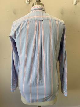 BROOKS BROTHERS, Lt Blue, Red, White, Cotton, Stripes, L/S, Button Front, Collar Attached, Chest Pocket