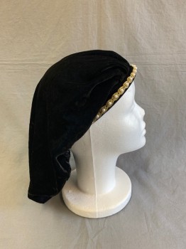 Womens, Historical Fiction Hat, MTO, Black, Gold, Pearl White, Cotton, Velvet textured, Scrunched Back, Gold and Pearl Round Detail