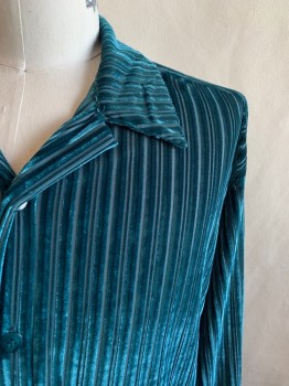Mens, Club Shirt, SMASH, Teal Blue, Polyester, Spandex, Stripes, Solid, L, Collar Attached, Button Front, Long Sleeves, Burnout Velvet Stripes