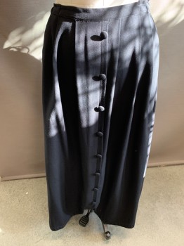 Womens, Skirt 1890s-1910s, MTO, Black, Wool, Solid, 36W, Button Detail, Pleasts & Tubular Interior  Drawstring