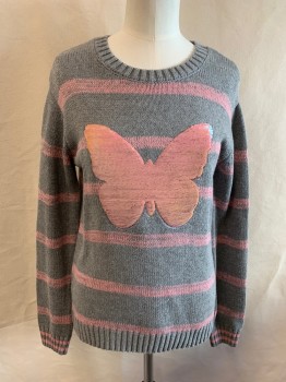 Childrens, Sweater, EPIC THREADS, Gray, Pink, Cotton, Acrylic, Stripes, Animals, XL, Crew Neck, Pink Stripes, Large Butterfly with Pink Sequins That Change to Dark Mauve