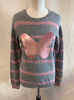 EPIC THREADS, Gray, Pink, Cotton, Acrylic, Stripes, Animals, Crew Neck, Pink Stripes, Large Butterfly with Pink Sequins That Change to Dark Mauve