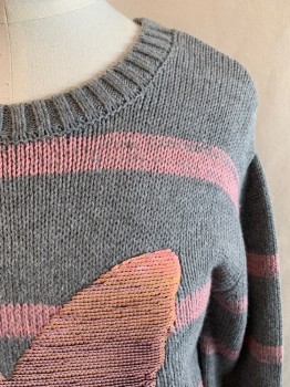Childrens, Sweater, EPIC THREADS, Gray, Pink, Cotton, Acrylic, Stripes, Animals, XL, Crew Neck, Pink Stripes, Large Butterfly with Pink Sequins That Change to Dark Mauve