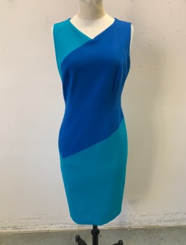 CLASSIQUES ENTIER, Blue, Turquoise Blue, Rayon, Nylon, Color Blocking, Solid, Double Knit Jersey, Panels of Blue and Turquoise Alternating, V-neck, Fitted Sheath, Knee Length